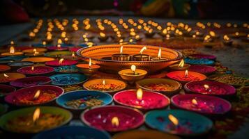 tradicional diya lâmpadas aceso durante diwali celebração, generativo ai foto