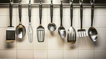 conjunto do metal cozinha utensílios suspensão em muro. ai generativo foto