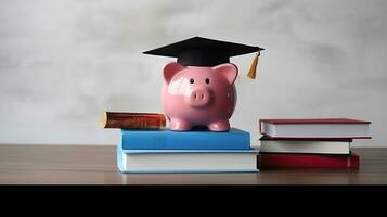 porquinho banco com graduação chapéu e livros em mesa. ai generativo foto