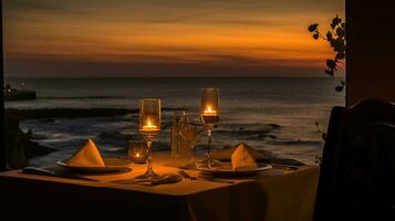 luxo romântico luz de velas jantar mesa configuração para casal dentro oceano Visão restaurante, ai generativo foto