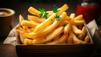 recentemente preparado francês fritas cozinha prato, fechar - acima foto do comida, generativo ai