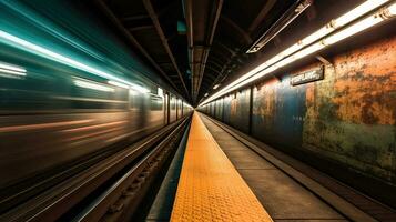 metrô túnel com borrado luz faixas com A chegar trem dentro a oposto direção. generativo ai foto