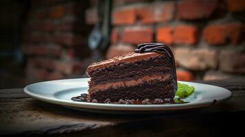 saboroso chocolate bolo em tijolo parede fundo. generativo ai foto