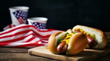 EUA nacional feriado trabalho dia, memorial dia - quente cachorros com ketchup e mostarda em madeira fundo, generativo ai foto