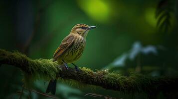 a retrato do uma selvagem pássaro empoleirado no topo uma filial, cercado de uma exuberante verde floresta. generativo ai foto