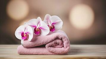 spa toalhas em de madeira mesa e orquídea sobre abstrato fundo. generativo ai foto