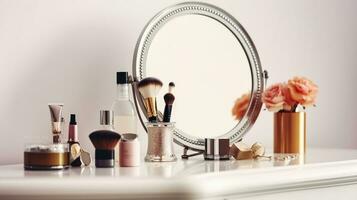 conjunto do cosméticos e vintage espelho em branco mesa contra luz fundo. generativo ai foto