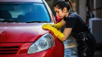 mulheres limpeza automóvel com esponja às carro lavar. generativo ai foto