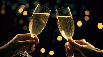 dois óculos do champanhe tocante cada de outros e brindar às noite Novo anos festa celebração. generativo ai foto