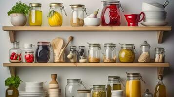 vários Comida ingredientes e utensílios em cozinha prateleiras isolado. generativo ai foto