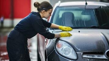 mulheres limpeza automóvel com esponja às carro lavar. generativo ai foto