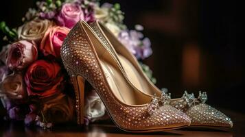 deslumbrante acentos, embelezado com cristal Casamento sapatos e uma ramalhete do amar. generativo ai foto