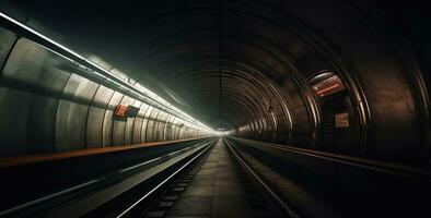 metrô túnel com borrado luz faixas com A chegar trem dentro a oposto direção, generativo ai foto