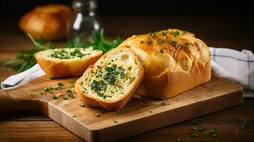 saboroso pão com alho, queijo e ervas em cozinha mesa. generativo ai foto