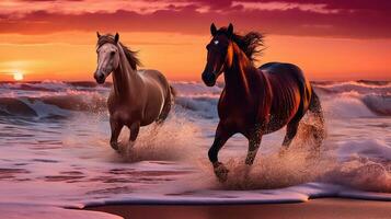 selvagem cavalos galopando em a de praia no meio uma tirar o fôlego nascer do sol e vibrante oceano ondas. generativo ai foto