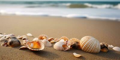 conchas do mar em a areia do a lindo mar litoral. generativo ai foto