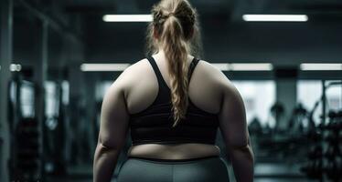 excesso de peso mulher dentro uma academia. corpo positivo conceito. generativo ai foto