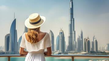 uma mulher vestindo uma branco chapéu carrinhos em uma sacada dentro frente do dubai centro da cidade Horizonte. generativo ai foto