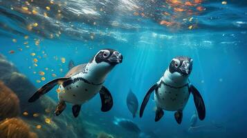 uma casal pinguins e a encantador dança do delicado peixe por aí eles. generativo ai foto