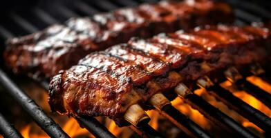 churrasco costelas cozinhando em flamejante grade tiro com seletivo foco. generativo ai foto