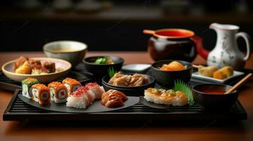 japonês delícias desencadeado, uma tentador sortimento do sabores em a restaurante mesa. generativo ai foto