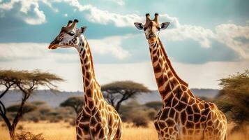 dois girafas em pé Próximo para cada de outros dentro uma campo com árvores e uma céu com nuvens dentro a fundo. generativo ai foto