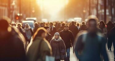 multidão do pessoas caminhando dentro a rua com suave bokeh, velozes comovente dentro cidade, generativo ai foto