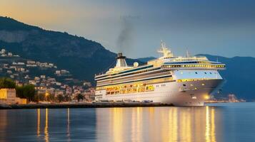 lindo branco gigante luxo cruzeiro navio em fique às Porto, generativo ai foto