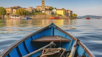 uma pitoresco Visão do marta cidade através uma frota do barcos em lago Bolsena, generativo ai foto