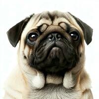 a pug cachorro senta e parece diretamente para dentro a Câmera. triste grande olhos. generativo ai foto