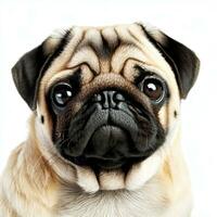 a pug cachorro senta e parece diretamente para dentro a Câmera triste grande olhosgenerativo ai foto