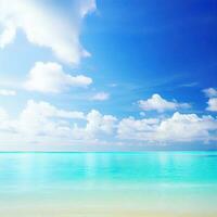 lindo tropical de praia com azul céu e branco nuvens abstrato textura fundo. cópia de espaço do verão período de férias e feriado generativo ai foto