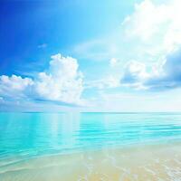 lindo tropical de praia com azul céu e branco nuvens abstrato textura fundo. cópia de espaço do verão período de férias e feriado generativo ai foto