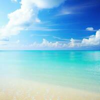 lindo tropical de praia com azul céu e branco nuvens abstrato textura fundo. cópia de espaço do verão período de férias e feriado generativo ai foto