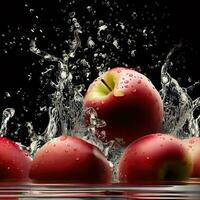 vermelho maçãs dentro água sobre Preto fundo. vermelho maçãs dentro água respingo sobre Preto fundo. maçã água respingo em Preto fundo . generativo ai foto