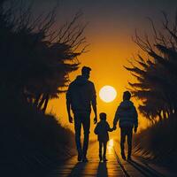 uma homem e uma criança andar baixa uma caminho com a Sol atrás eles generativo ai foto