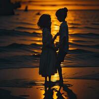 dois meninas ficar de pé dentro a água com a pôr do sol atrás eles generativo ai foto