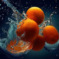 laranja com água salpicos, 3d Renderização em uma azul fundo generativo ai foto