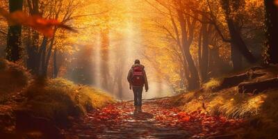 turistas caminhada surpreendente outono floresta dentro a manhã luz solar. vermelho e amarelo folhas em árvores dentro a floresta dourado floresta panorama foto