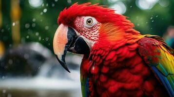 vermelho papagaio dentro a floresta. eu sou que rio. arara papagaio vôo dentro Sombrio verde plantas, vermelho papagaio dentro a floresta. foto