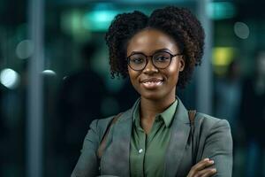 fechar-se do feliz empresária olhando às Câmera e sorridente dentro escritório africano americano fêmea empreendedor dentro escritório, o negócio mulher, gerada com ai foto