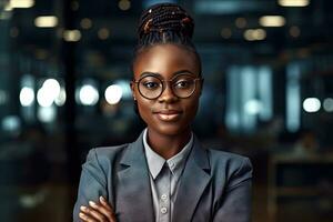 fechar-se do feliz empresária olhando às Câmera e sorridente dentro escritório africano americano fêmea empreendedor dentro escritório, o negócio mulher, gerada com ai foto