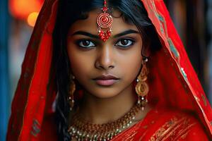 lindo indiano menina hindu fêmea modelo dentro sari e Kundan acessórios vermelho tradicional traje do Índia foto