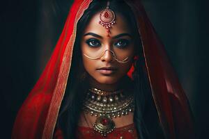 lindo indiano menina hindu fêmea modelo dentro sari e Kundan acessórios vermelho tradicional traje do Índia foto