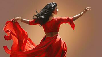 lindo indiano menina hindu fêmea modelo dentro sari e Kundan acessórios vermelho tradicional traje do Índia foto