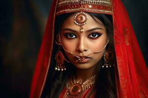 lindo indiano menina hindu fêmea modelo dentro sari e Kundan acessórios vermelho tradicional traje do Índia foto