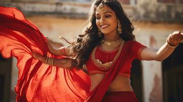 lindo indiano menina hindu fêmea modelo dentro sari e Kundan acessórios vermelho tradicional traje do Índia foto