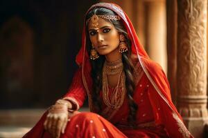 lindo indiano menina hindu fêmea modelo dentro sari e Kundan acessórios vermelho tradicional traje do Índia foto