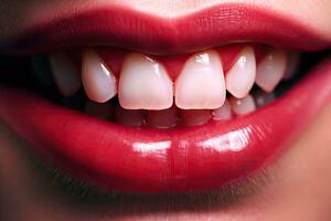 mulher sorridente fechar-se sorridente, lindo dentes contra abstrato fundo, dentes branqueamento. dental clínica paciente foto