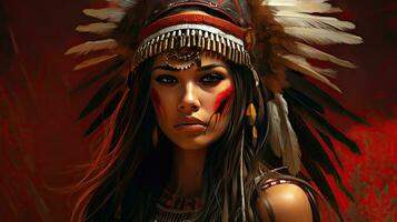 lindo vermelho indiano mulher com ampla americano indiano pena fundo foto